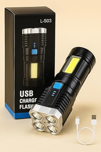 L- S03 USB Rechargeable LED Flashlight, 4-Core Torch with High Power Led Flashlight, Mini Battery Charging Pocket Torch High Power Long Distance Beam Range Emergency Lights for Camping Light, Black