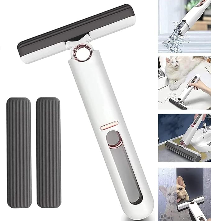 Mini Sponge Mop for Kitchen, Bathroom, Glass & Car | Self-Squeeze Magic Wiper with 2 Absorbent Sponges | Portable Wet & Dry Cleaning Mop for Floor, Table, Wall, Home & Office