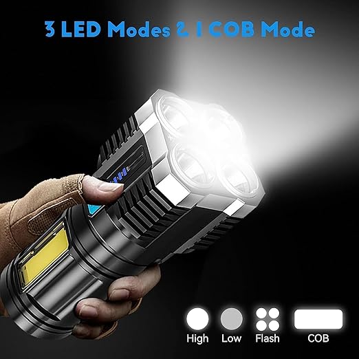 L- S03 USB Rechargeable LED Flashlight, 4-Core Torch with High Power Led Flashlight, Mini Battery Charging Pocket Torch High Power Long Distance Beam Range Emergency Lights for Camping Light, Black