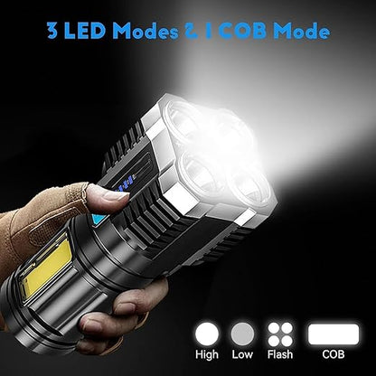 L- S03 USB Rechargeable LED Flashlight, 4-Core Torch with High Power Led Flashlight, Mini Battery Charging Pocket Torch High Power Long Distance Beam Range Emergency Lights for Camping Light, Black
