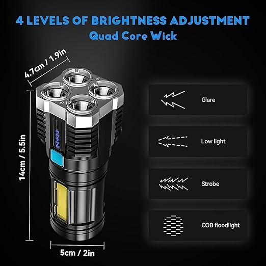 L- S03 USB Rechargeable LED Flashlight, 4-Core Torch with High Power Led Flashlight, Mini Battery Charging Pocket Torch High Power Long Distance Beam Range Emergency Lights for Camping Light, Black