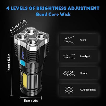 L- S03 USB Rechargeable LED Flashlight, 4-Core Torch with High Power Led Flashlight, Mini Battery Charging Pocket Torch High Power Long Distance Beam Range Emergency Lights for Camping Light, Black