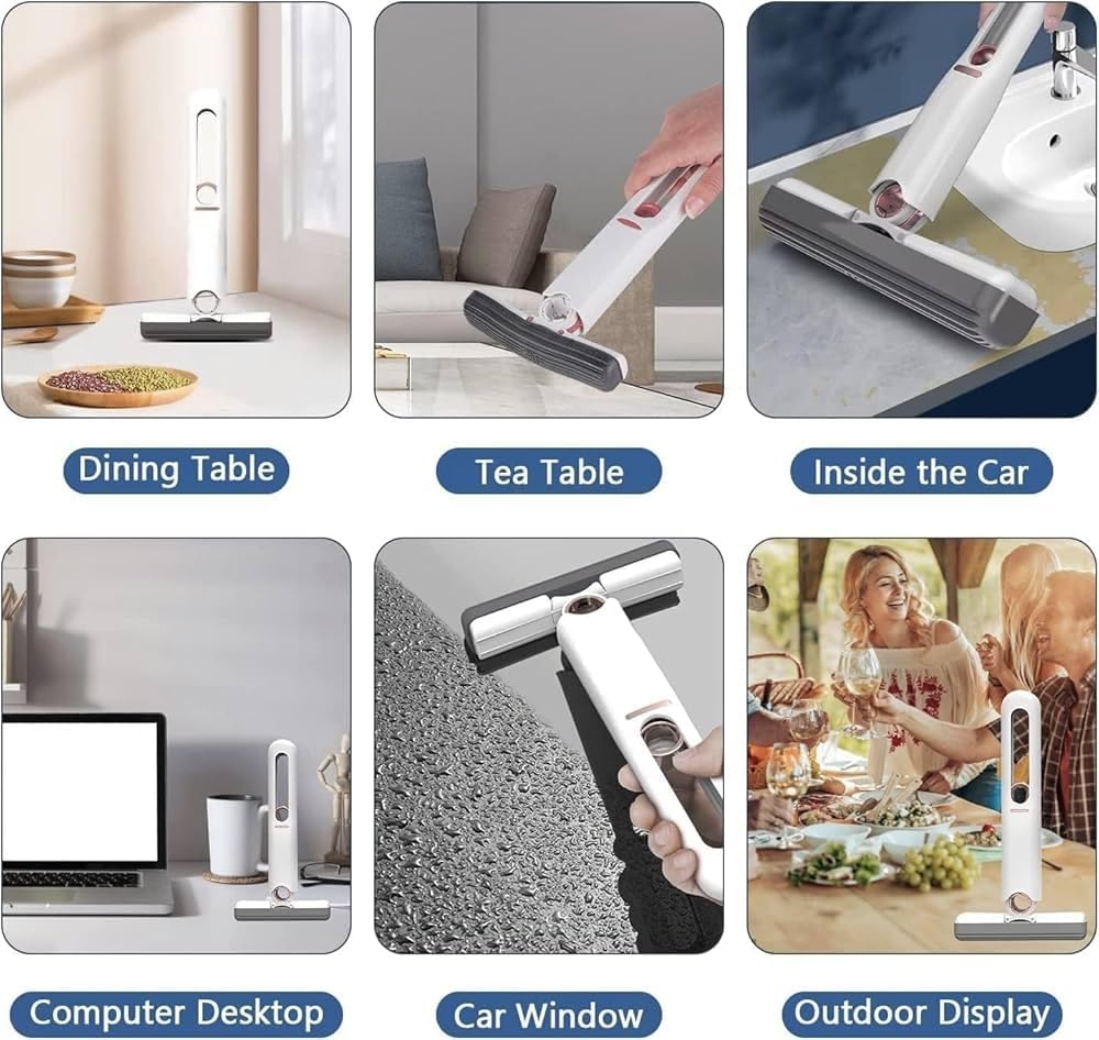 Mini Sponge Mop for Kitchen, Bathroom, Glass & Car | Self-Squeeze Magic Wiper with 2 Absorbent Sponges | Portable Wet & Dry Cleaning Mop for Floor, Table, Wall, Home & Office