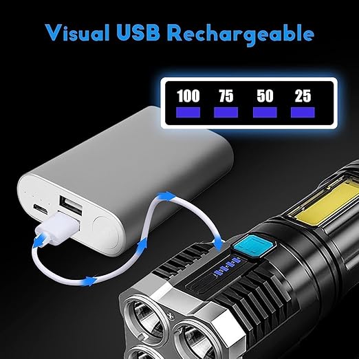 L- S03 USB Rechargeable LED Flashlight, 4-Core Torch with High Power Led Flashlight, Mini Battery Charging Pocket Torch High Power Long Distance Beam Range Emergency Lights for Camping Light, Black