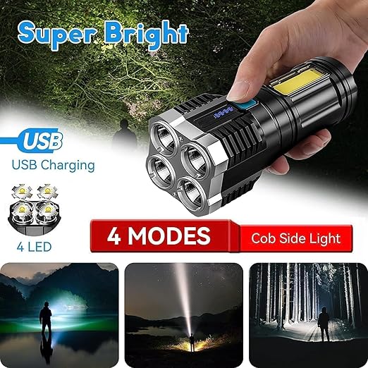 L- S03 USB Rechargeable LED Flashlight, 4-Core Torch with High Power Led Flashlight, Mini Battery Charging Pocket Torch High Power Long Distance Beam Range Emergency Lights for Camping Light, Black