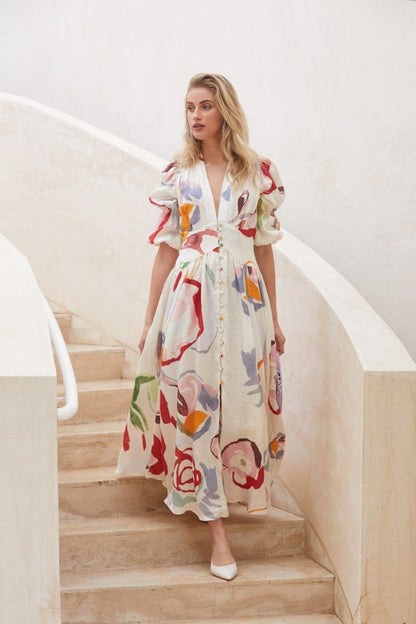Women Printed Puff Sleeve Maxi Dress